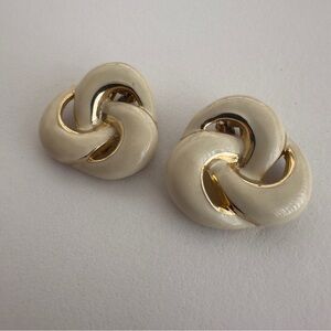 Vintage Cream Gold Tone Knot Earrings Celtic Love Knot Clip On Retro